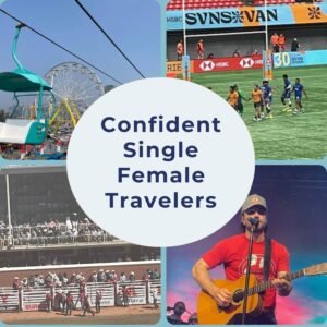 A promotional image for a Facebook group titled "Confident Single Female Travelers," featuring a collage of four photos showing a carnival ride, a rugby match, a rodeo event, and a man performing live music.