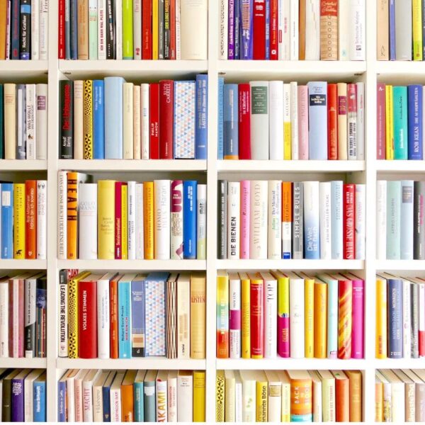A large bookshelf filled with rows of colorful books, symbolizing an essential library of American history, politics, and religion books to read and protect against censorship and fascism.