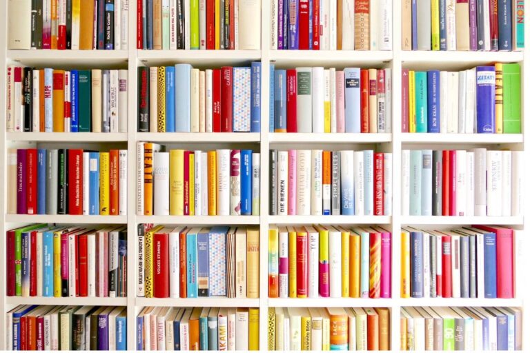 A large bookshelf filled with rows of colorful books, symbolizing an essential library of American history, politics, and religion books to read and protect against censorship and fascism.