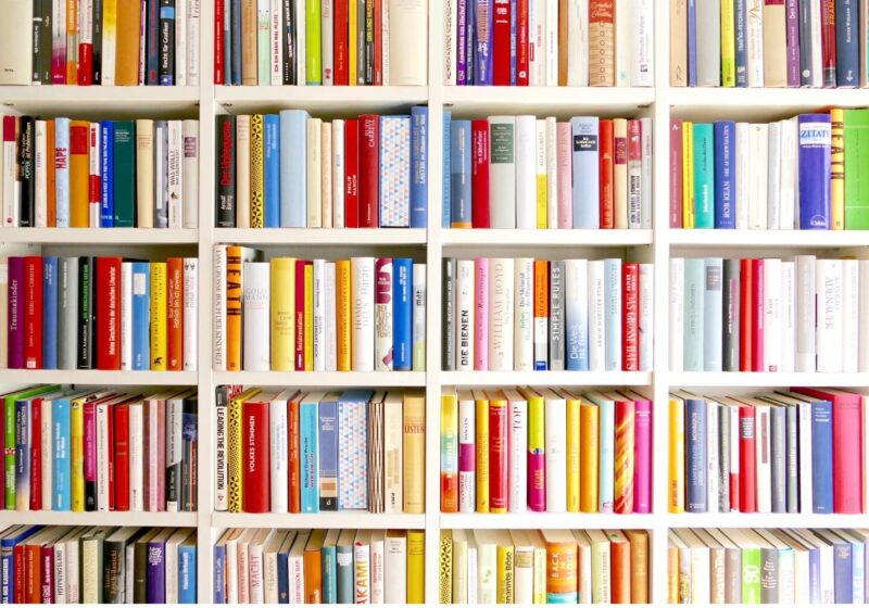 A large bookshelf filled with rows of colorful books, symbolizing an essential library of American history, politics, and religion books to read and protect against censorship and fascism.