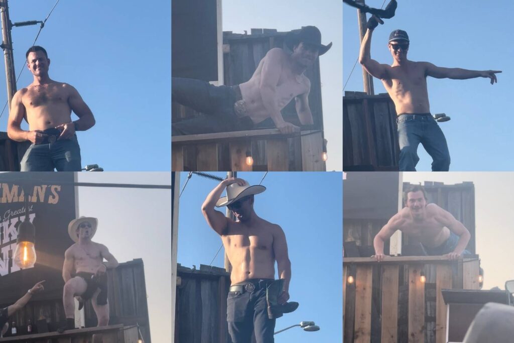 A collage of shirtless cowboys and firefighters at Ranchman's posing on a wooden balcony wearing cowboy hats and jeans, with blue skies in the background.