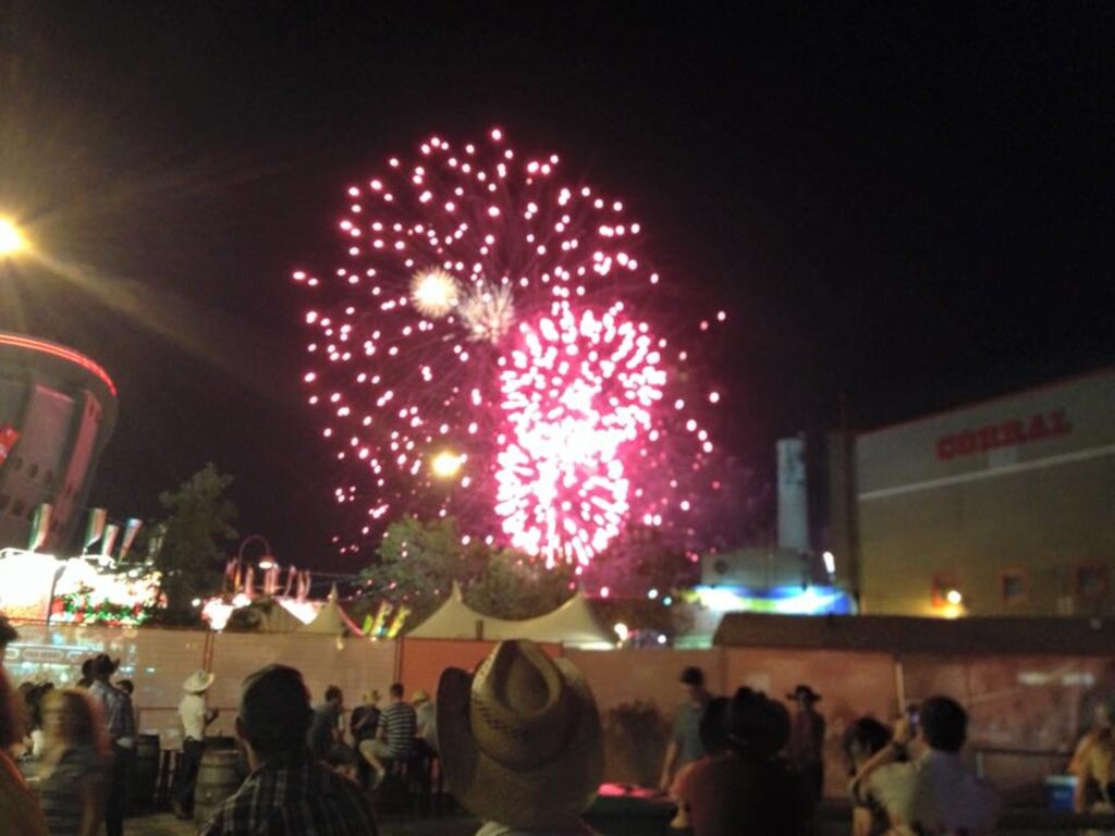 A colorful display of fireworks lighting up the night sky during the Calgary Stampede. The fireworks are bright and vibrant, creating a festive and celebratory atmosphere.