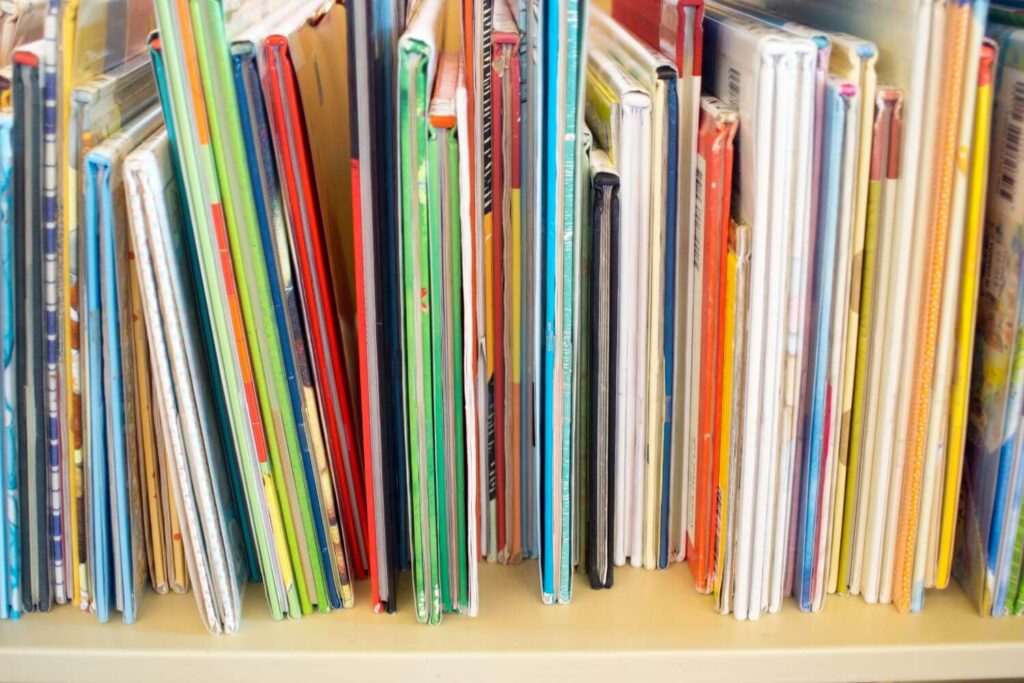 A row of colorful children’s and teen books lined up on a shelf, representing youth reading options for learning about American history, racism, and democracy.