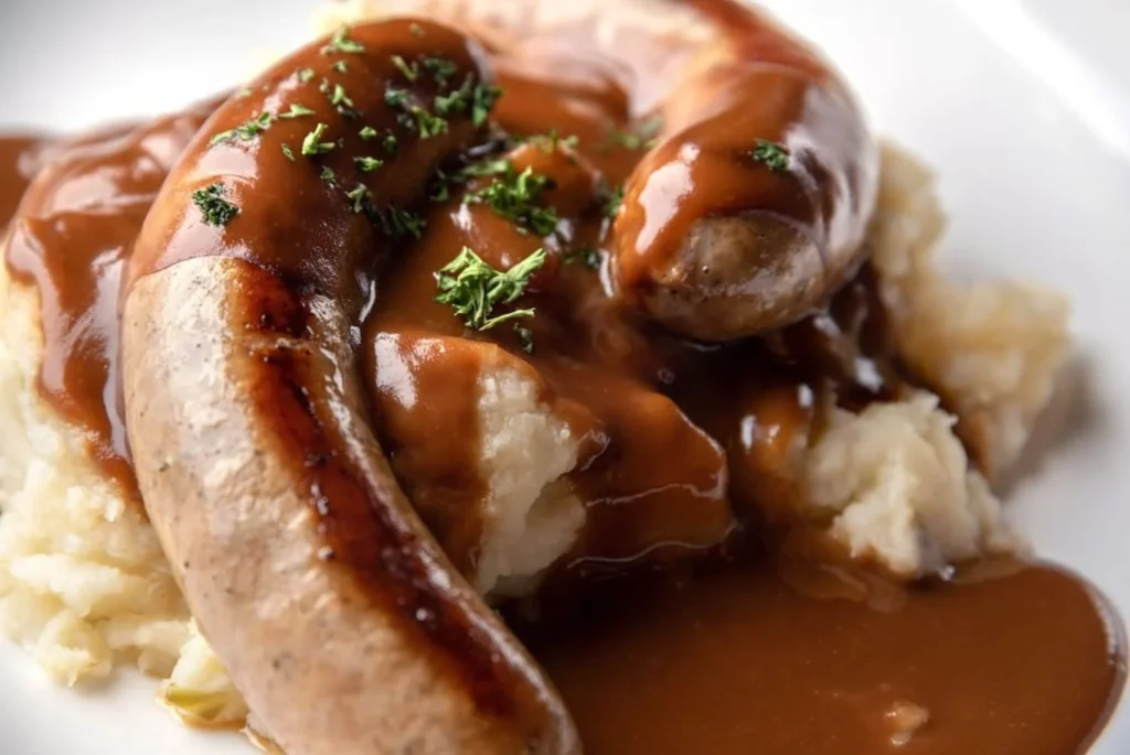 A close-up of a classic British dish, bangers and mash, featuring succulent sausages drenched in rich brown gravy atop a bed of creamy mashed potatoes, garnished with a sprinkle of herbs.