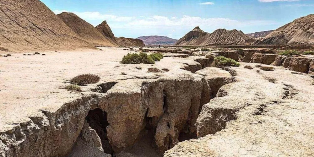 A stark desert landscape characterized by deep crevices and fissures that might suggest geological activity such as an earthquake. The arid environment is dotted with sparse vegetation, and dramatic sedimentary rock formations rise in the background under a bright blue sky. Sunlight streams down, highlighting the textured ground and the vastness of the open space, creating a scene of natural drama and the raw beauty of an untamed wilderness.