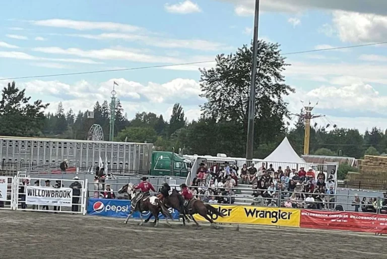 A Cloverdale rodeo event in action, with horseback riders competing in a sandy arena, a crowd of spectators in the stands, and fairground attractions like a Ferris wheel in the background, under a partly cloudy sky.