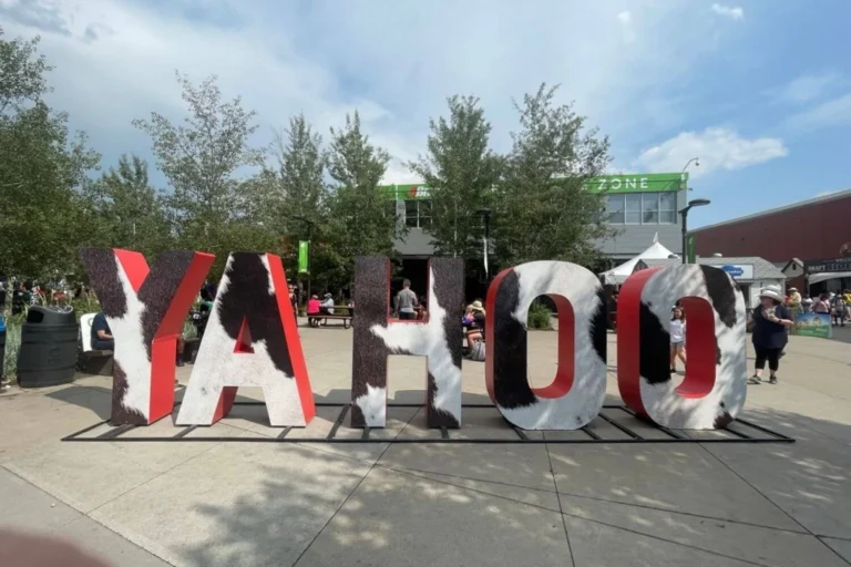 Large, freestanding letters spelling out "YAHOO" with a cow-print design, set against an outdoor backdrop with trees and a few people sitting at picnic tables on Stampede Park.