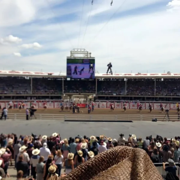 Calgary Stampede rodeo event with cowboys on horseback arriving in the arena, with a crowd in the stands watching. A large screen displays the event overhead.