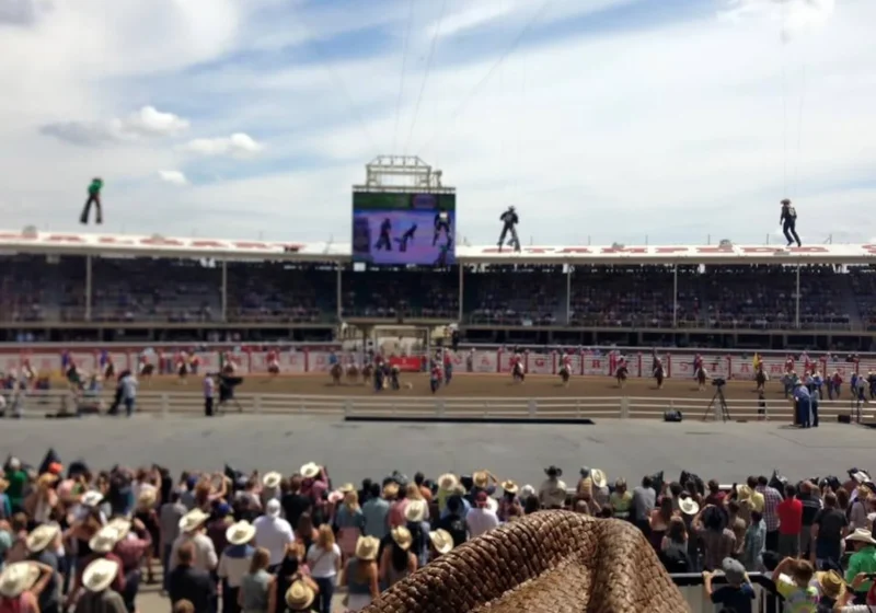 Calgary Stampede rodeo event with cowboys on horseback arriving in the arena, with a crowd in the stands watching. A large screen displays the event overhead.