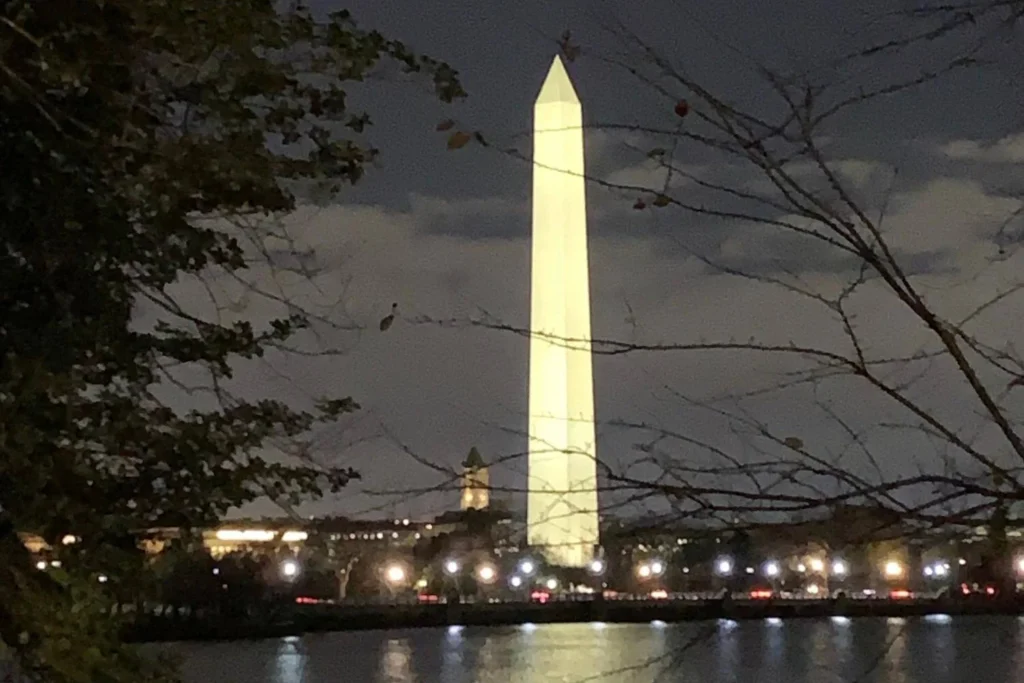 The Washington Monument is brightly illuminated against a cloudy night sky, seen across the Tidal Basin in Washington, D.C. Leafless tree branches frame the foreground while city lights shimmer on the water below.