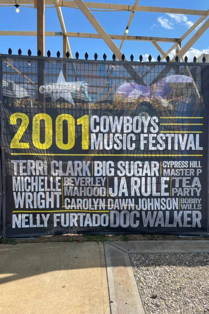 Poster showing 2001 Cowboys Music Festival lineup including Terri Clark, Ja Rule, and Nelly Furtado.