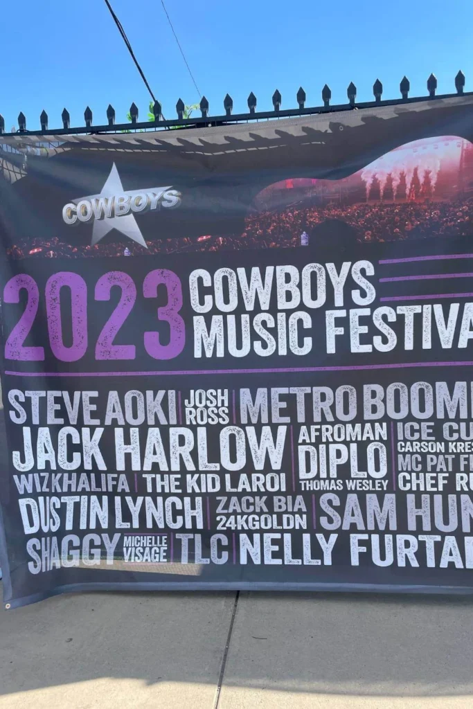 Poster for 2023 Cowboys Music Festival featuring Steve Aoki, Jack Harlow, Nelly Furtado and Wiz Khalifa.
