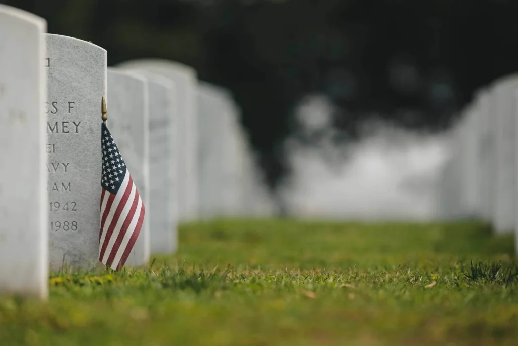 American flag placed beside military headstones in a national cemetery, symbolizing sacrifice, cost of authoritarian conflicts and right-wing desire to go back in history to confederacy.