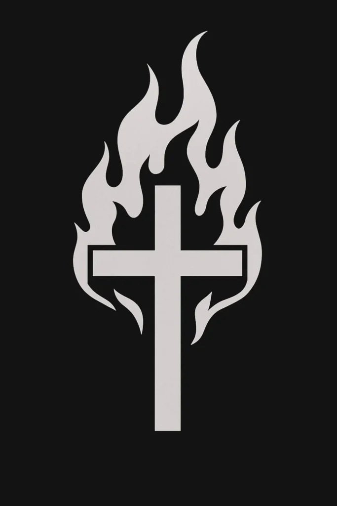 Simple graphic illustration of a cross surrounded by flames, symbolizing religious extremism, KKK and the dangers of dominionist movements.
