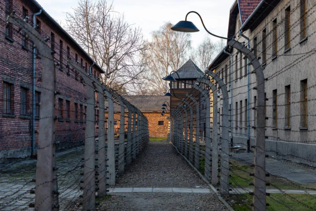 Barbed-wire fences between brick and concrete buildings at Auschwitz concentration camp, with a guard tower visible in the distance — a haunting reminder of the Holocaust and the brutality of fascism.