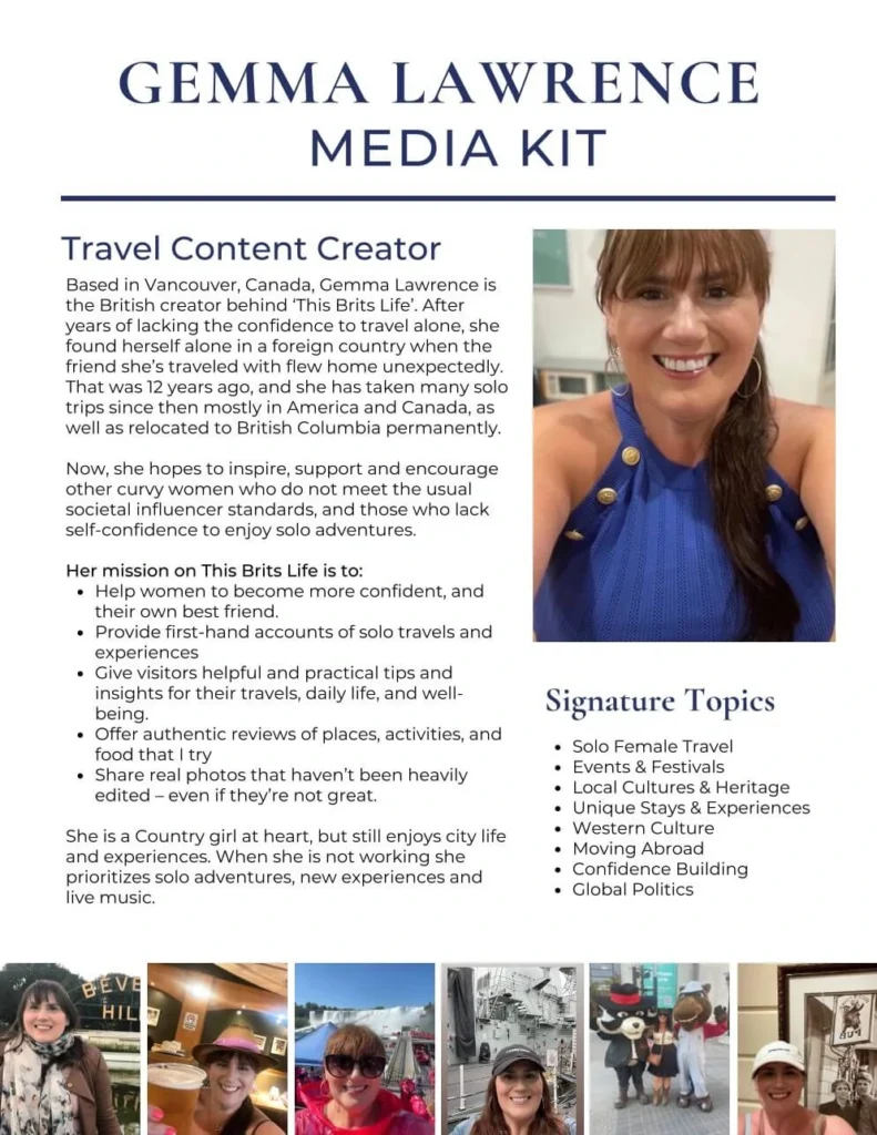 Preview of This Brit’s Life media kit showing her bio, mission and signature topics for potential brand and tourism board partners.