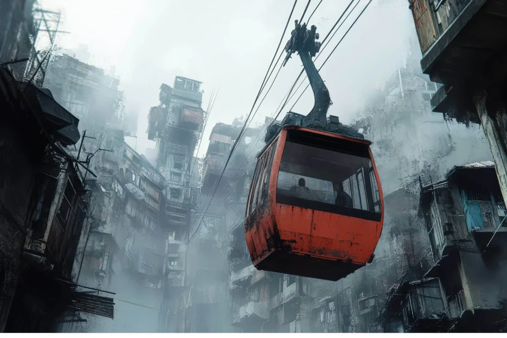 Dystopian cityscape with a red cable car suspended among decaying buildings, representing authoritarianism, surveillance states, and the collapse of democracy