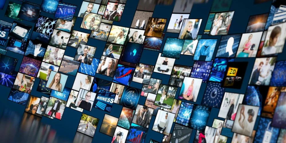 Collage of digital news screens showing global media channels, representing the modern information landscape and online news saturation.