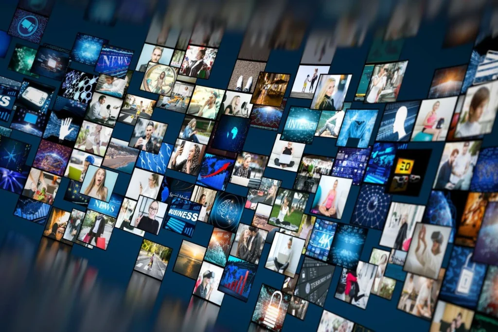 Collage of digital news screens showing global media channels, representing the modern information landscape and online news saturation.
