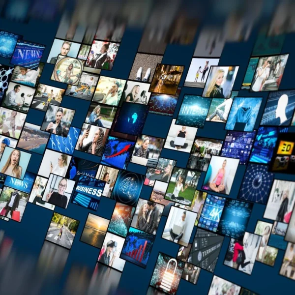 Collage of digital news screens showing global media channels, representing the modern information landscape and online news saturation.