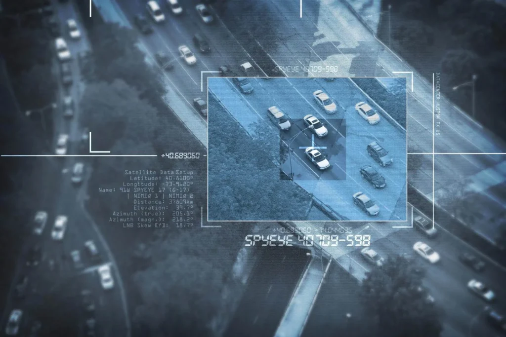 Satellite-style surveillance image tracking cars on a highway, symbolizing government monitoring, predictive policing, and AI surveillance states.