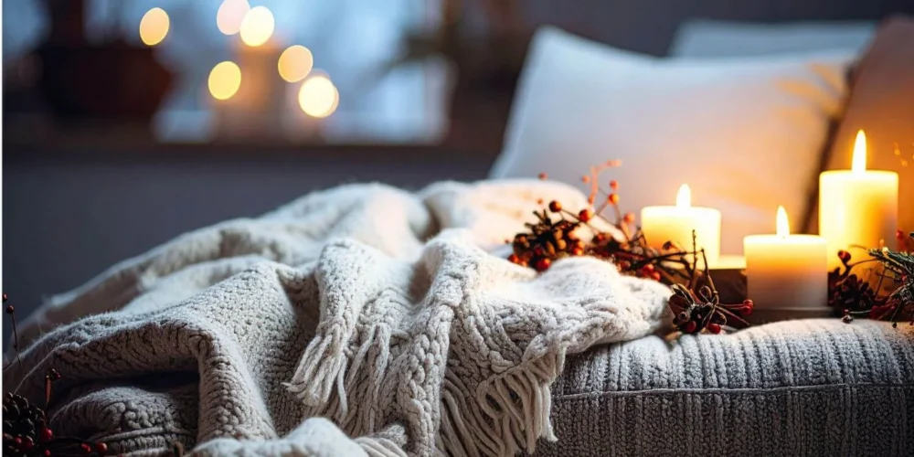 Soft blankets and glowing candles arranged on a cozy winter bed for a warm, hygge-inspired evening.