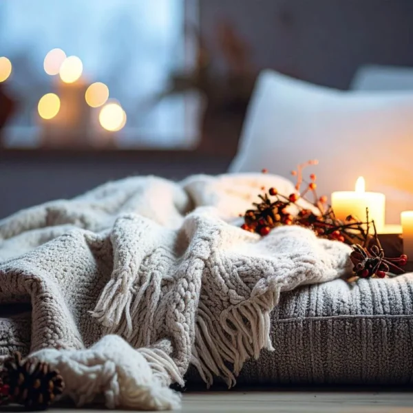 Soft blankets and glowing candles arranged on a cozy winter bed for a warm, hygge-inspired evening.