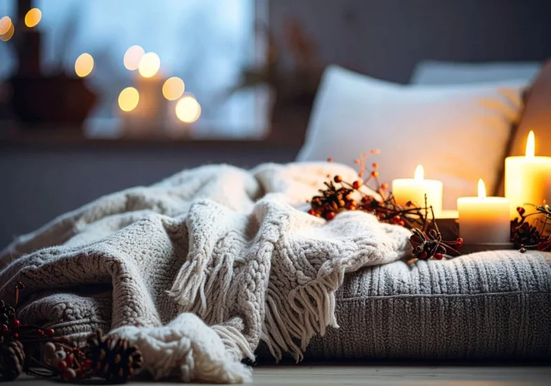Soft blankets and glowing candles arranged on a cozy winter bed for a warm, hygge-inspired evening.