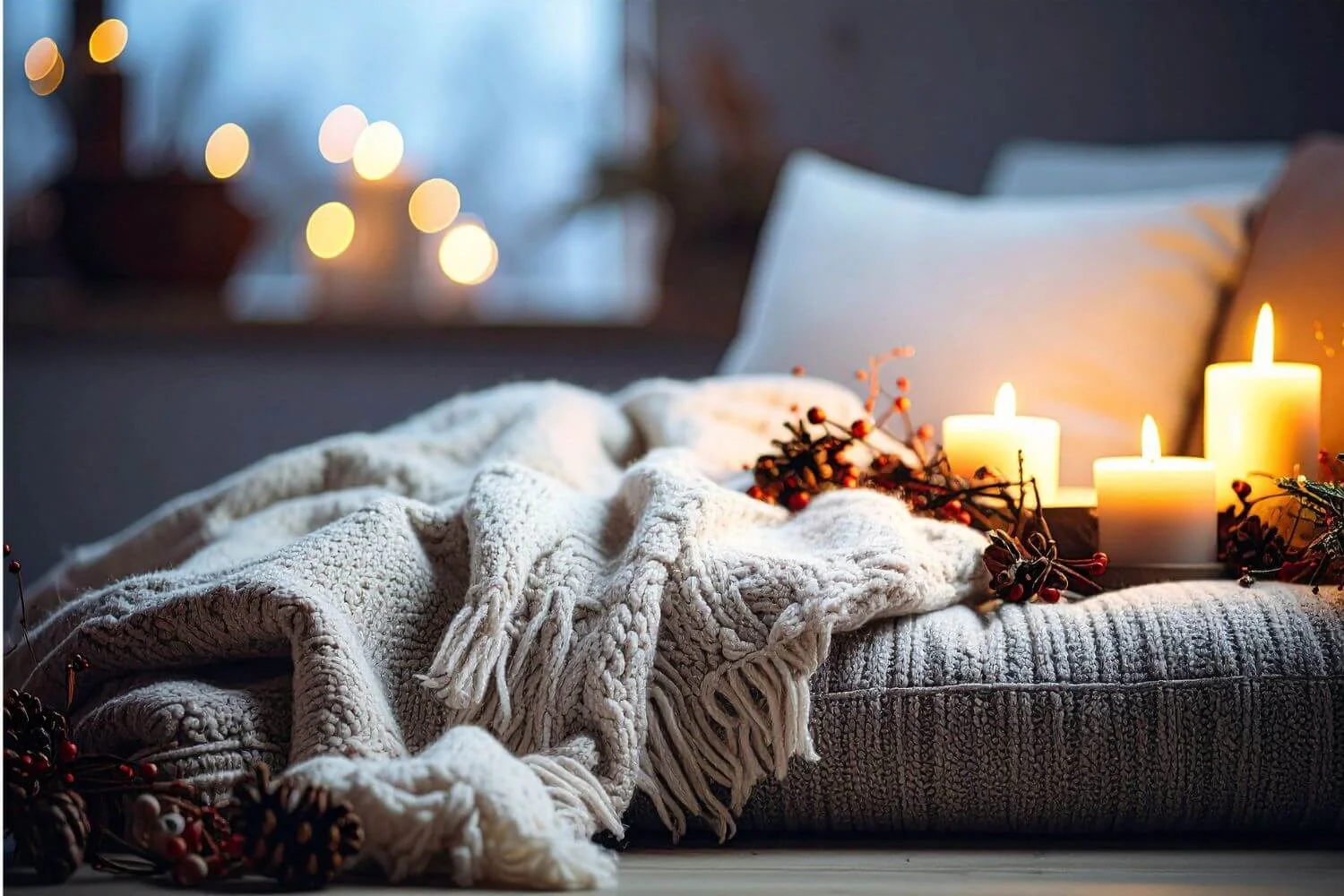 Soft blankets and glowing candles arranged on a cozy winter bed for a warm, hygge-inspired evening.