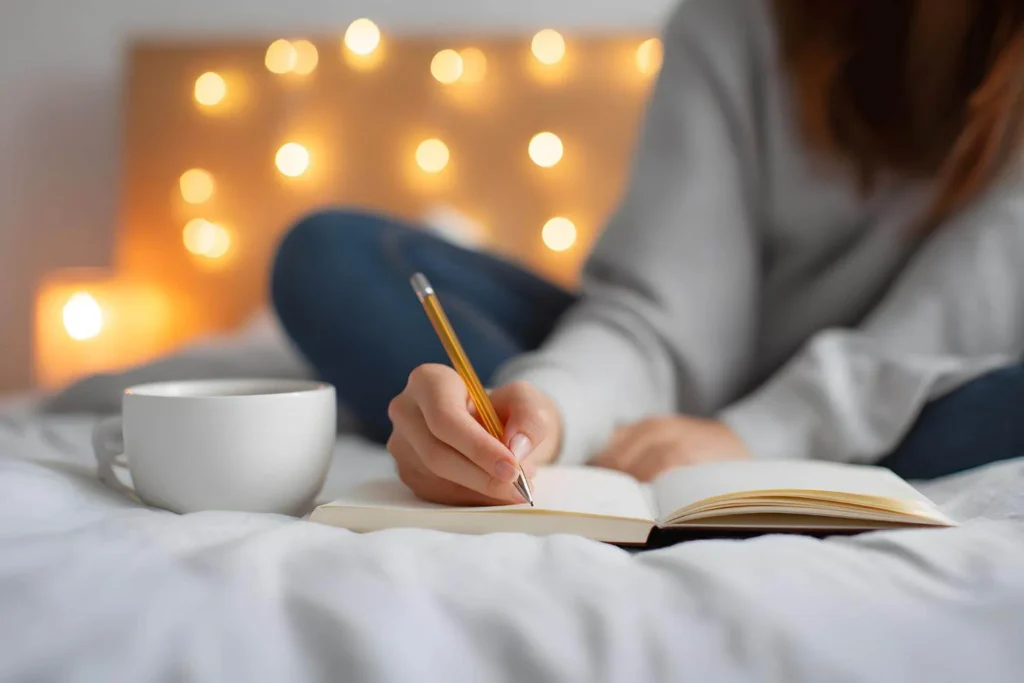 Woman journaling in a cozy bedroom setting with soft Christmas lights and a warm drink.