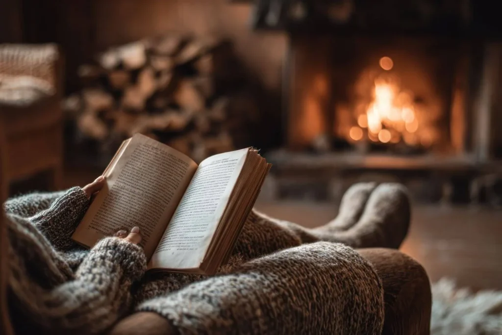 Person reading a book by a glowing fireplace while wrapped in warm knitwear, creating a peaceful winter self care moment.