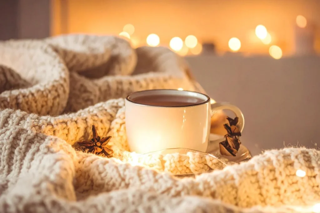 Warm drink in a cream-coloured mug resting on a chunky knit blanket, surrounded by fairy lights and star anise, evoking a cosy winter evening.