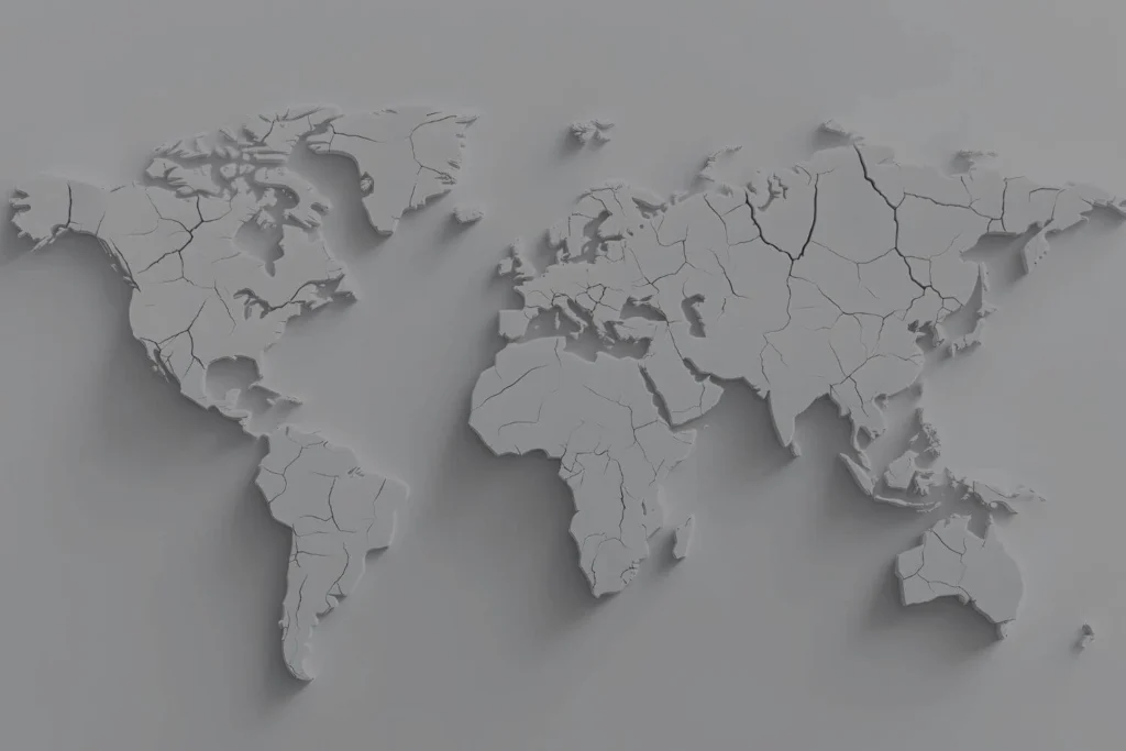 Cracked grayscale world map symbolizing how authoritarian ideologies across history have fractured nations and destabilized global freedom.