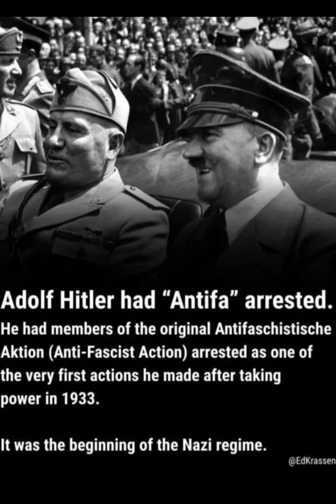 Historical photo of Adolf Hitler and Benito Mussolini with text explaining how Hitler arrested members of the original Antifaschistische Aktion (Anti-Fascist Action) in 1933.