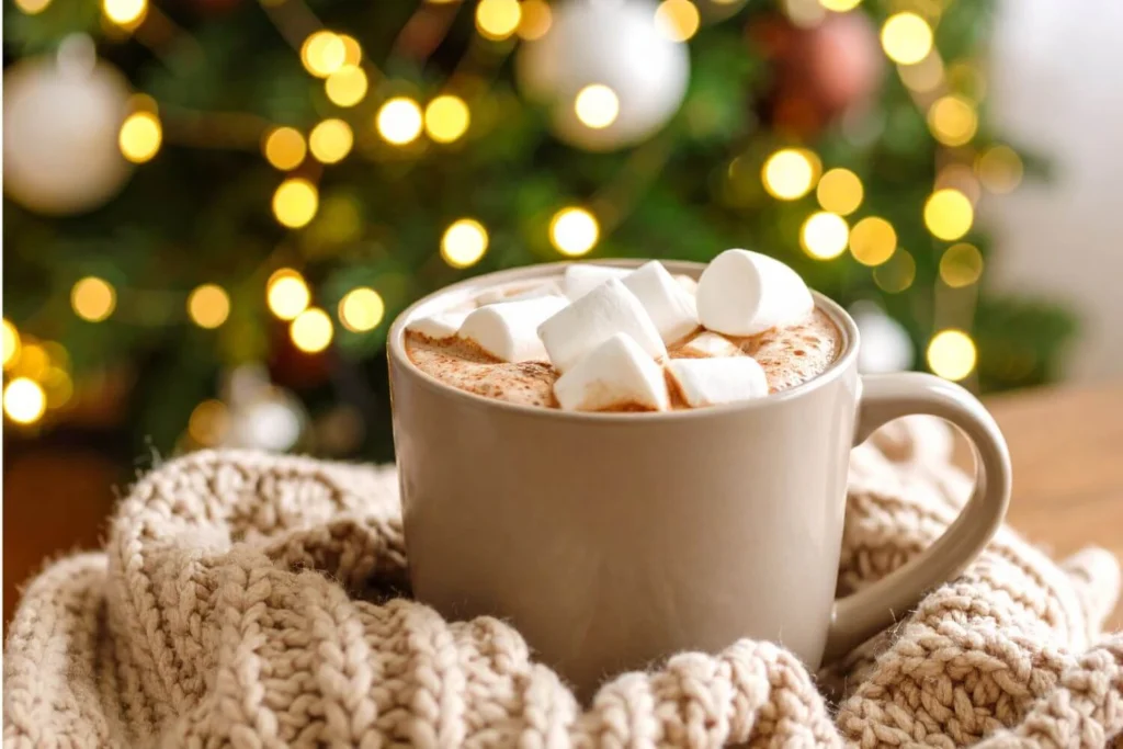 A warm mug of hot chocolate topped with marshmallows resting on a knitted blanket with soft Christmas tree lights glowing in the background.