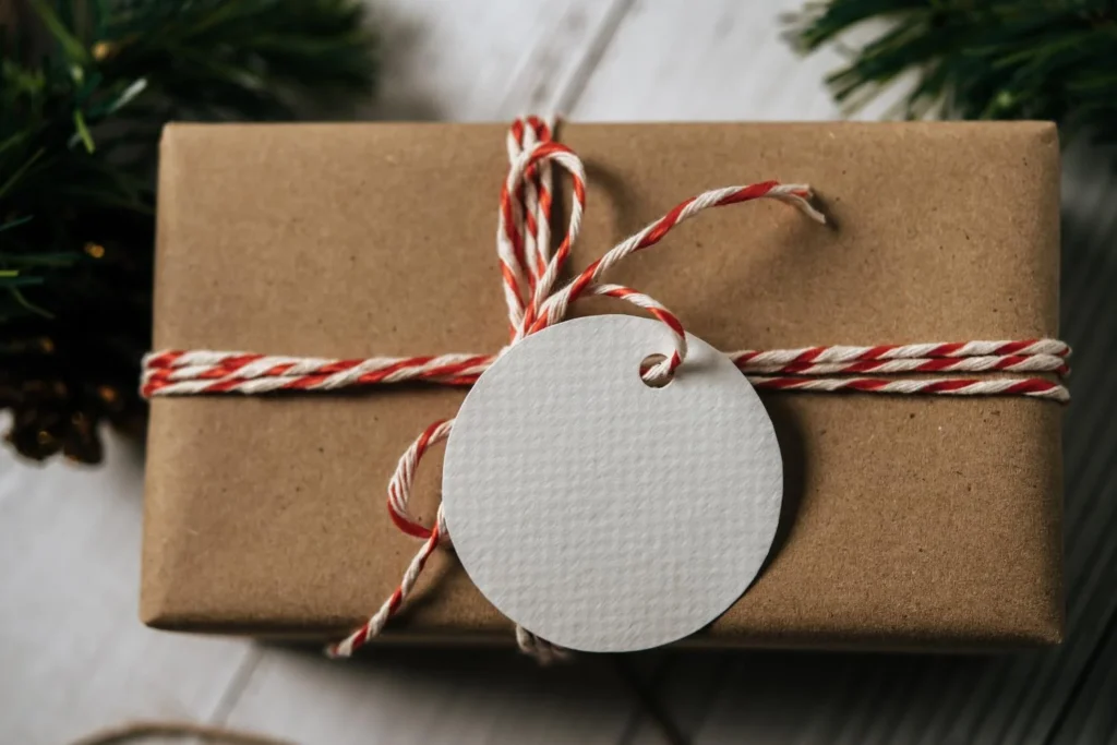 Eco-friendly Christmas gift wrapped in brown paper and red-and-white twine, topped with a blank round gift tag and surrounded by evergreen branches.