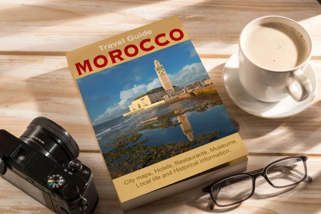 Morocco travel guide beside a cup of coffee, camera, and glasses, suggesting armchair travel through books and photography.