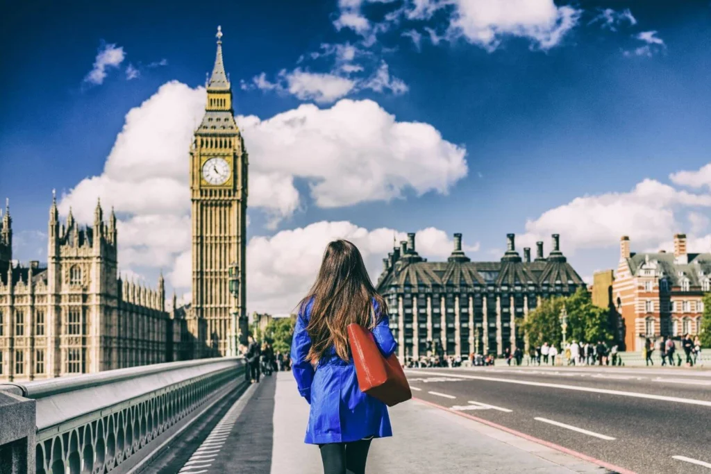 Female solo traveller taking in the views around Big Ben while sightseeing alone on a sunny day in London. 