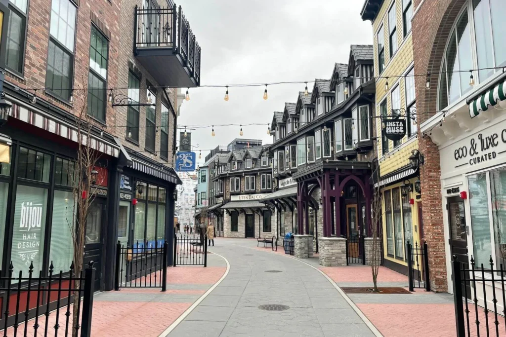 Thunderbird Lane in British Columbia with boutique shops and warm lighting on a quiet winter day.