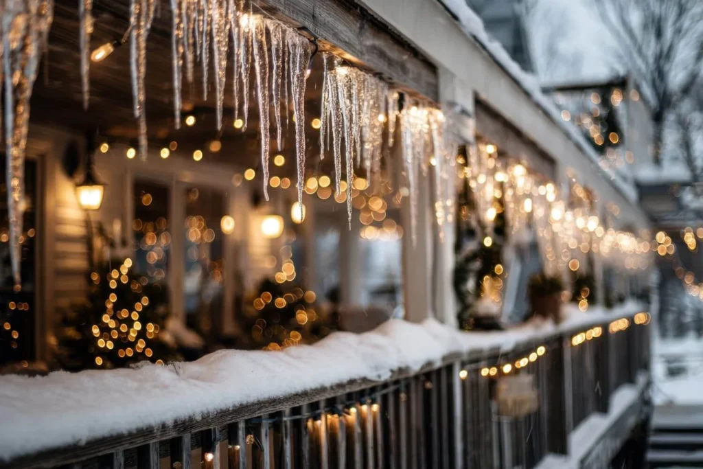 Icicles hanging from a snowy porch roof with warm glowing lights creating a cozy winter cabin atmosphere.