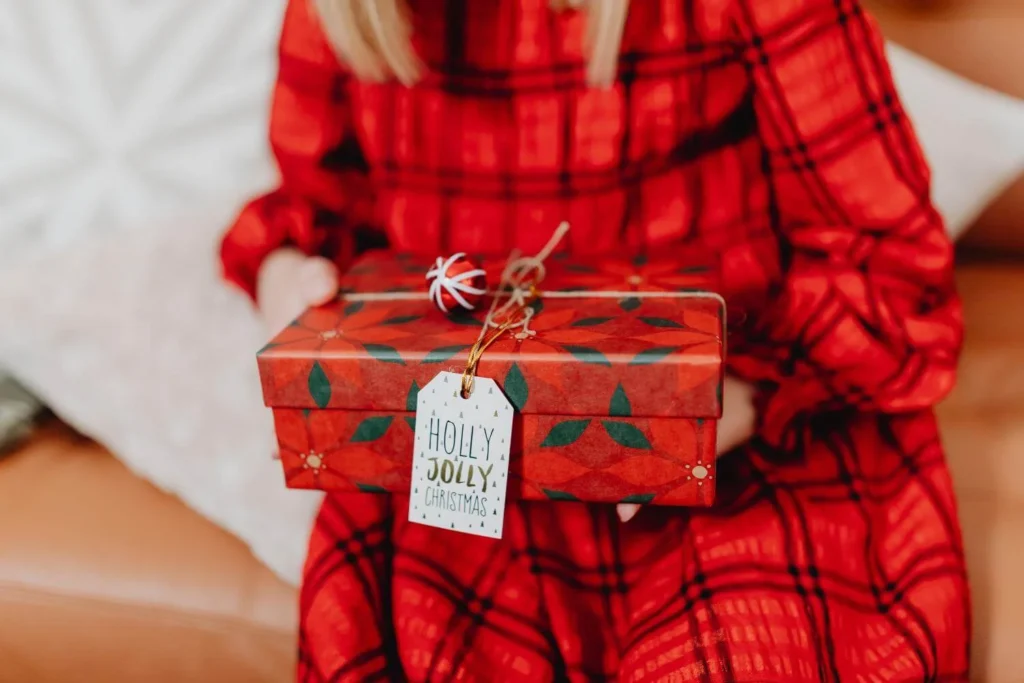 Woman in a red plaid dress holding a Christmas gift wrapped in red paper with a Holly Jolly Christmas tag.