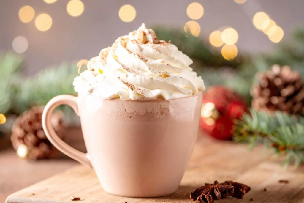 Boozy hot chocolate topped with whipped cream as a British festive Christmas drink.