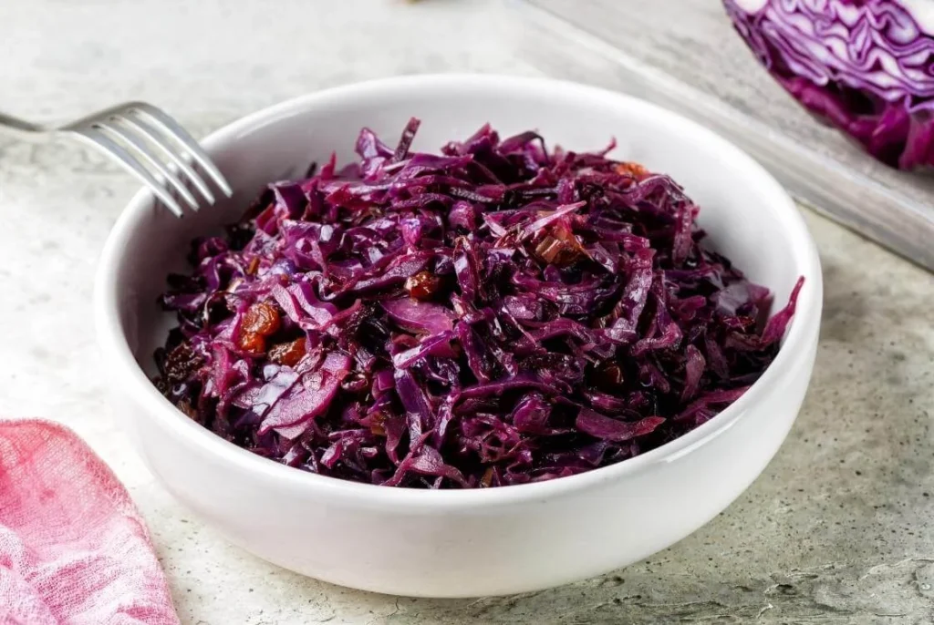 Braised red cabbage cooked with spices and served as a traditional British Christmas side dish.