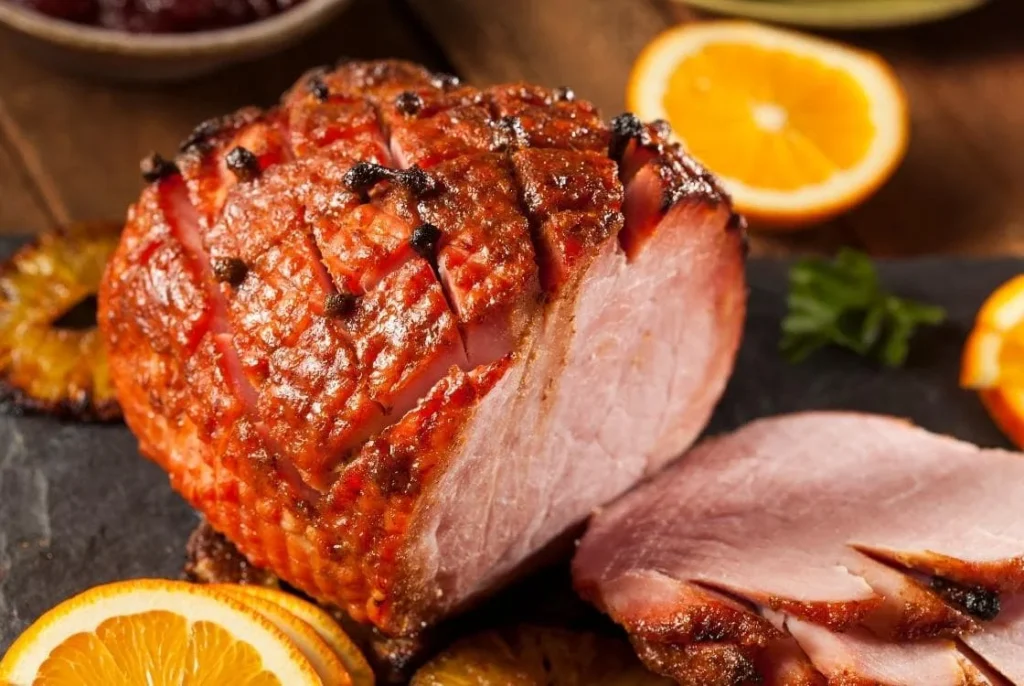British Christmas glazed ham with orange slices and cloves, a classic festive centrepiece served hot or cold during the holidays.