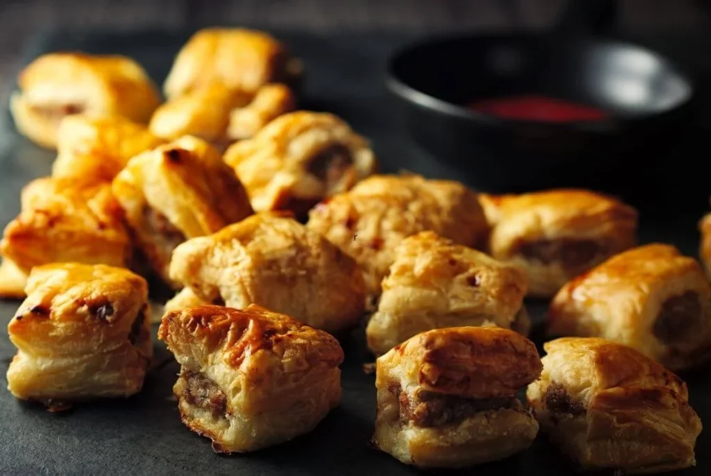 Golden sausage rolls served as a classic British Christmas party food and festive snack. 