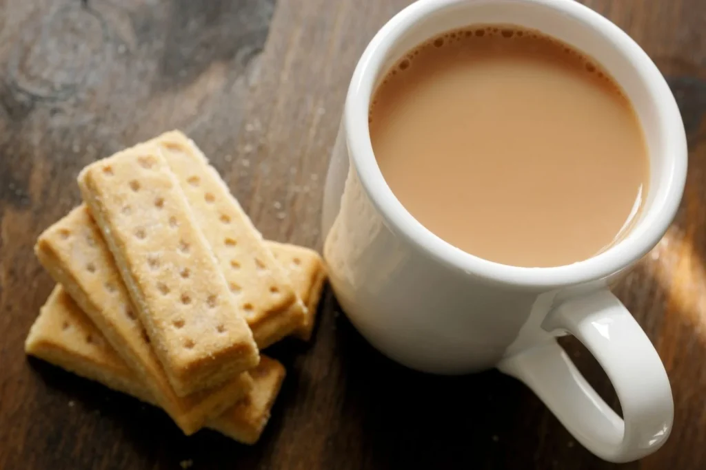 Cup of British tea served with classic shortbread fingers on a wooden table during Christmas.