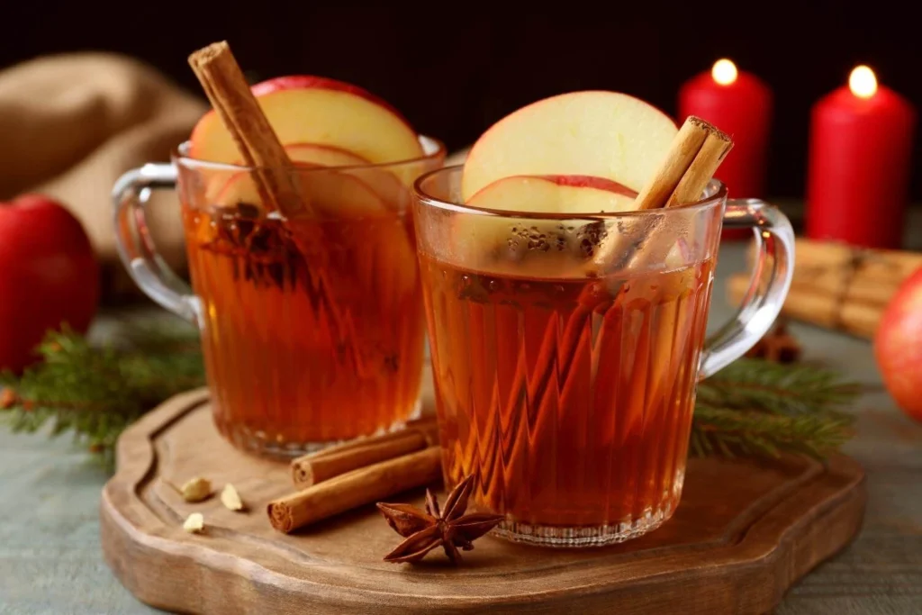 Hot mulled apple cider with cinnamon and spices as a British-style Christmas drink.