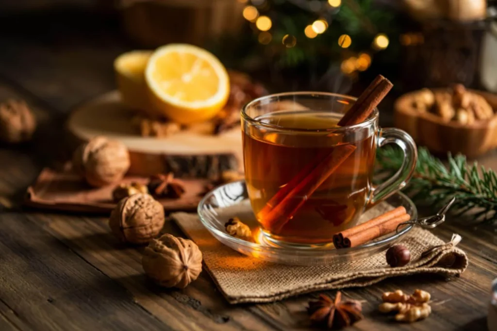 Traditional British hot toddy served warm with lemon and cinnamon on a winter evening.