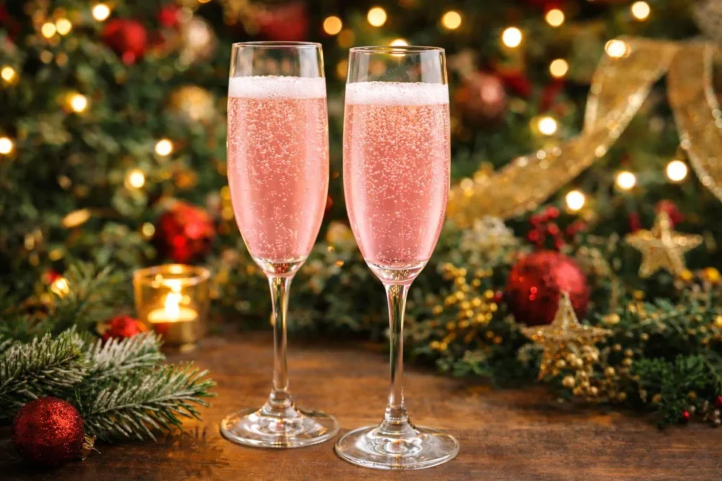Champagne and blackcurrant in two flutes with visible bubbles, served as a traditional British Christmas drink.