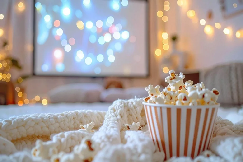 Striped tub of popcorn on a fluffy white blanket with a softly lit room in the background, featuring fairy lights and a blurred screen, creating a cozy movie night atmosphere.